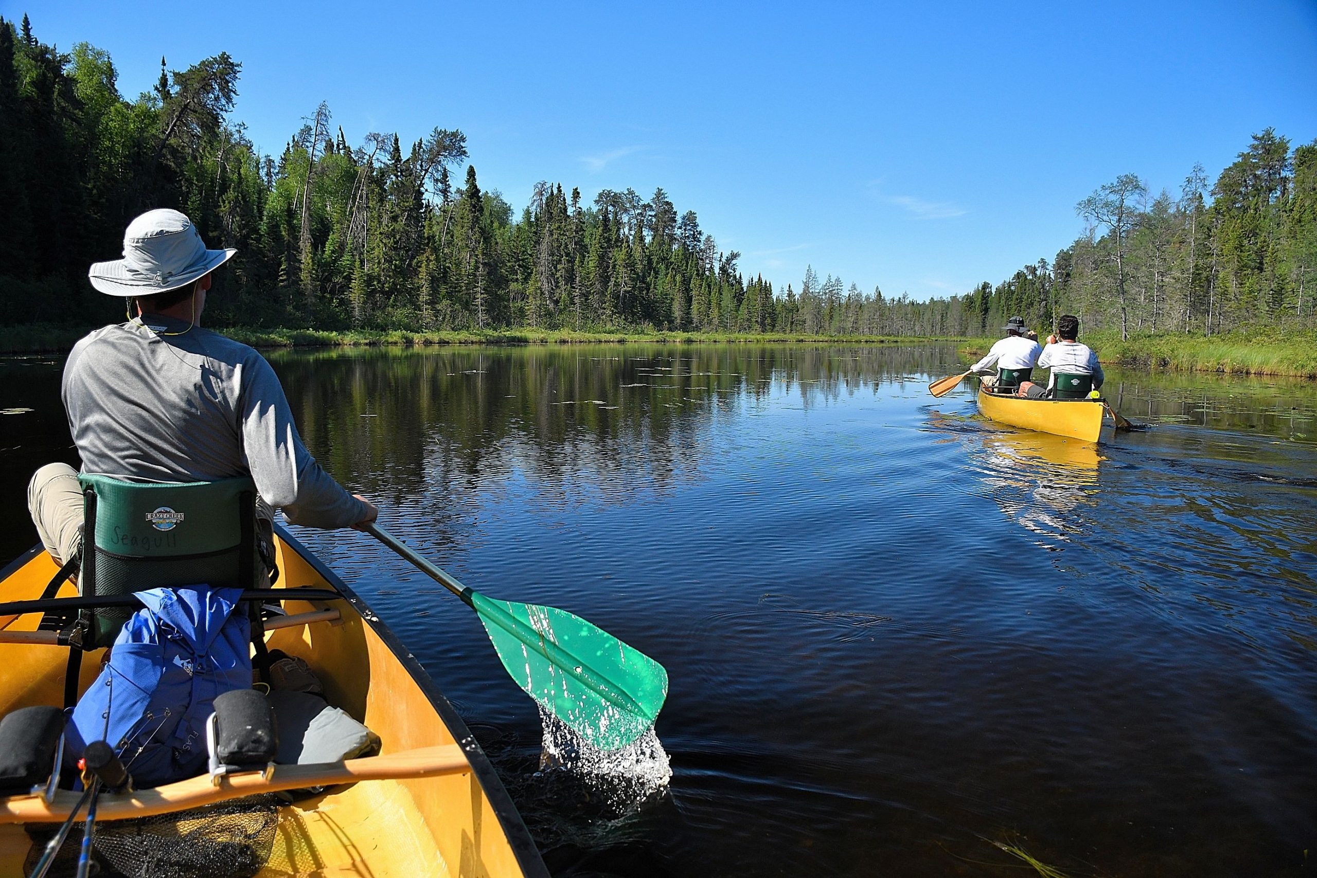 two people canoeing on lake